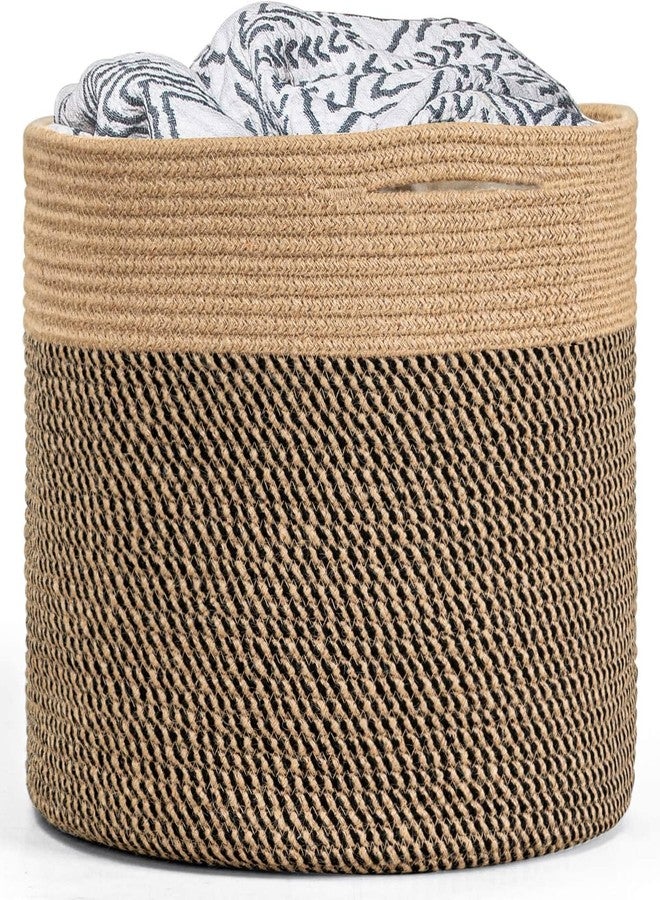 Leazzote Jute Cotton Rope Round Laundry Hamper, Modern Storage Basket for Baby Clothes, Toys, Towels Bedroom Organization (BEIGE/BLACK, 12x12x12 INCH) - Image 1